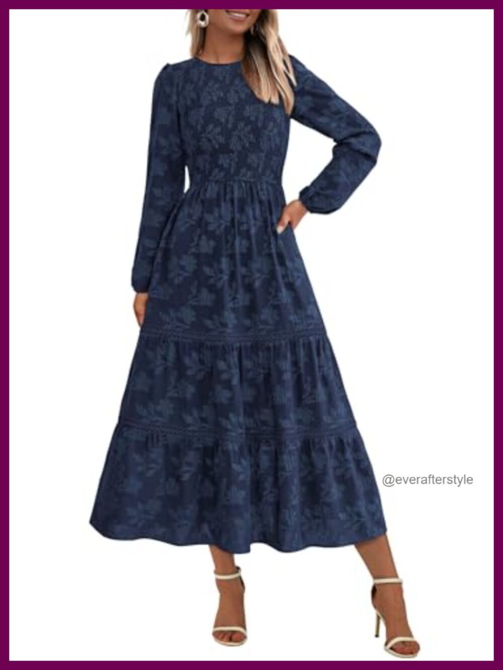 Boho Floral Midi Dress Long Puff Sleeve Smocked Fit Flare